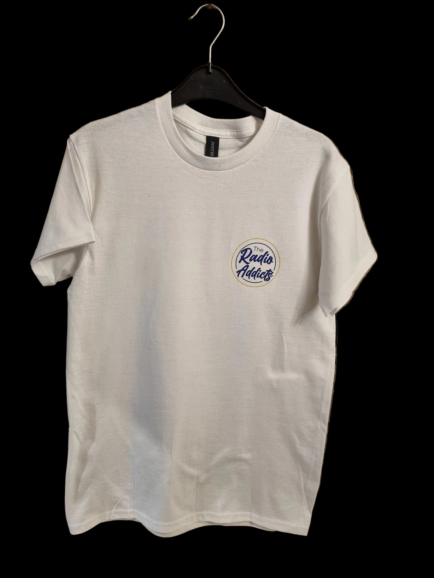 White Tshirt with The Radio Addicts logo printed on the front and back THE ONE DANIEL WEARS (see photos)