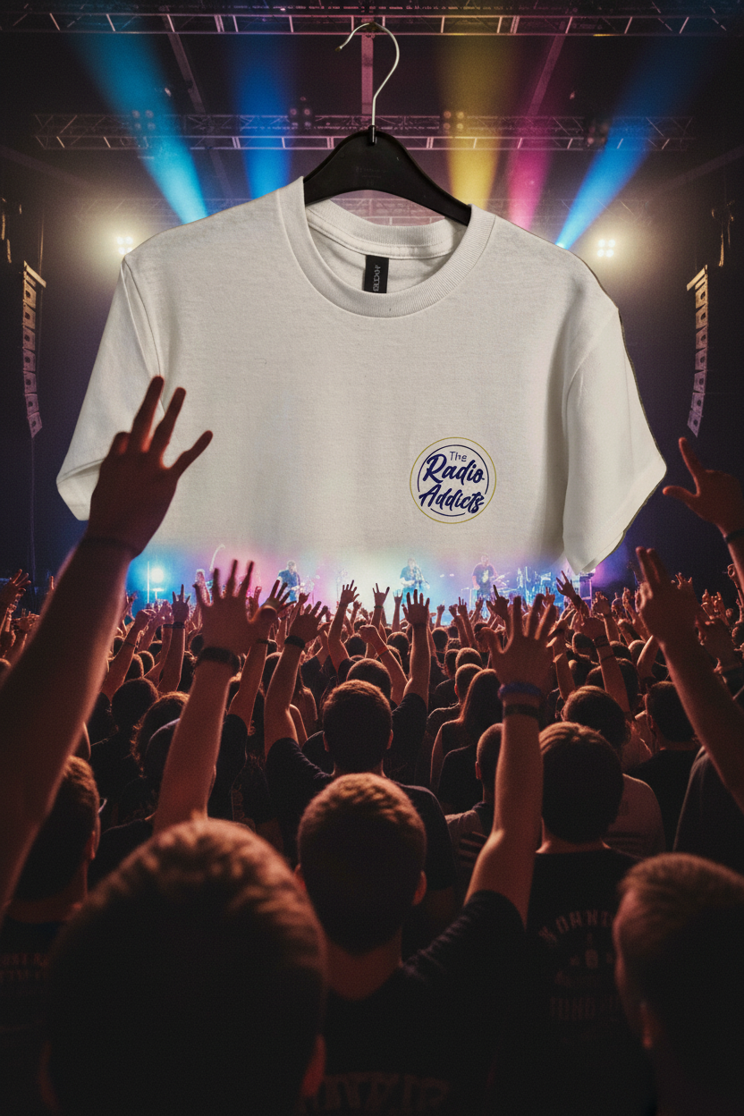 White Tshirt with The Radio Addicts logo printed on the front and back THE ONE DANIEL WEARS (see photos)