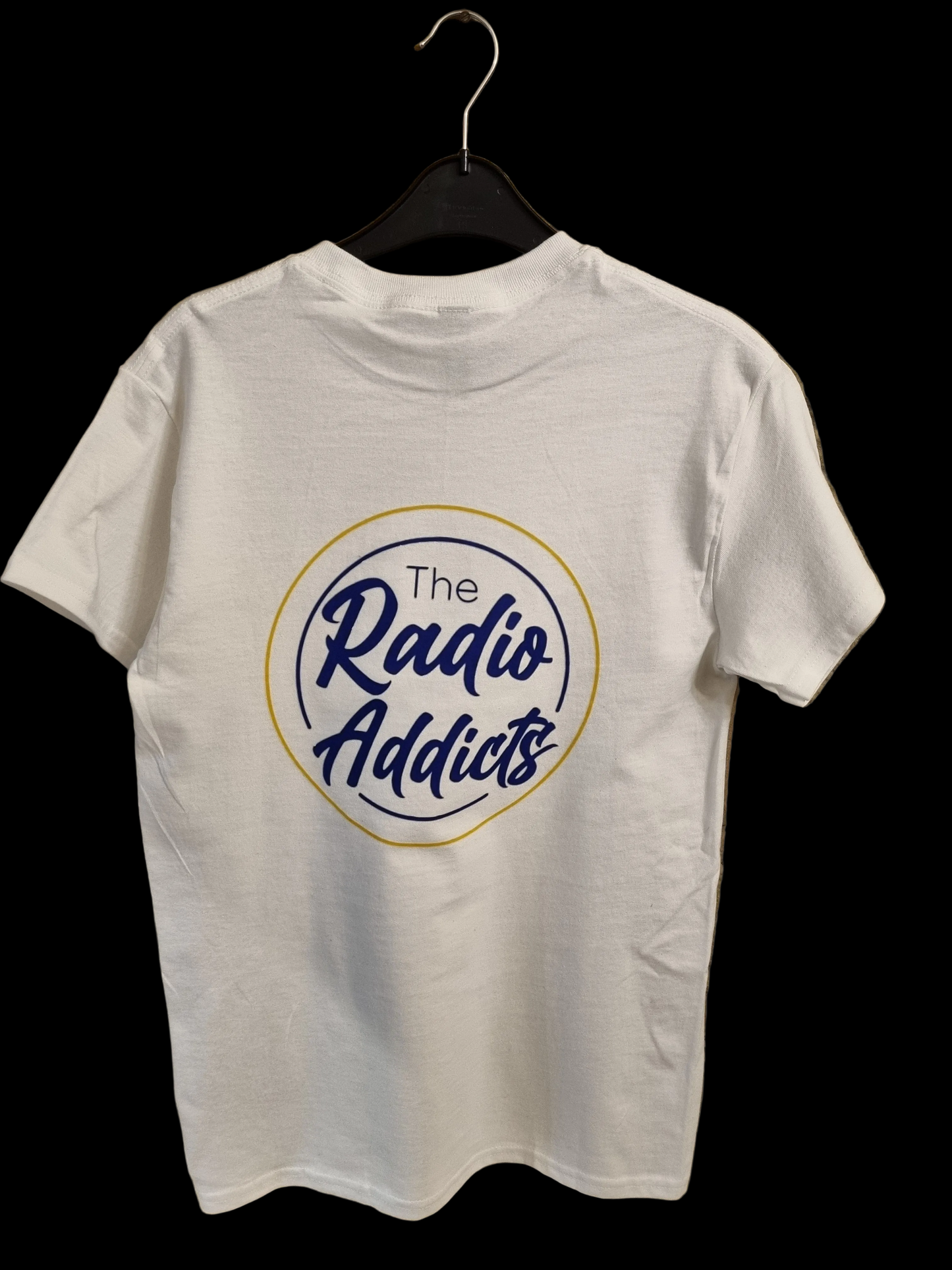 White Tshirt with The Radio Addicts logo printed on the front and back THE ONE DANIEL WEARS (see photos)